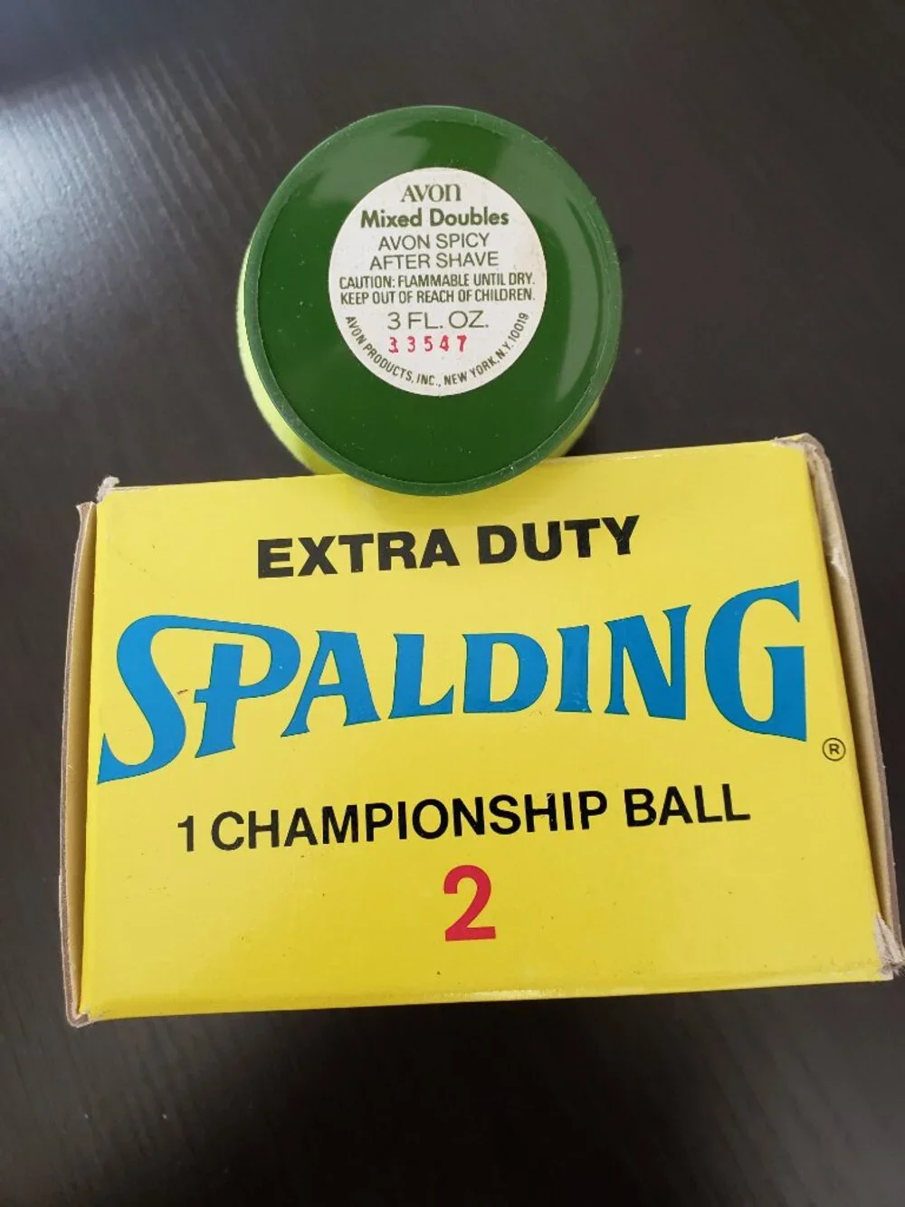 AVON 1970's Mixed Doubles Green Flocked Glass Spalding Tennis Ball EMPTY w Box